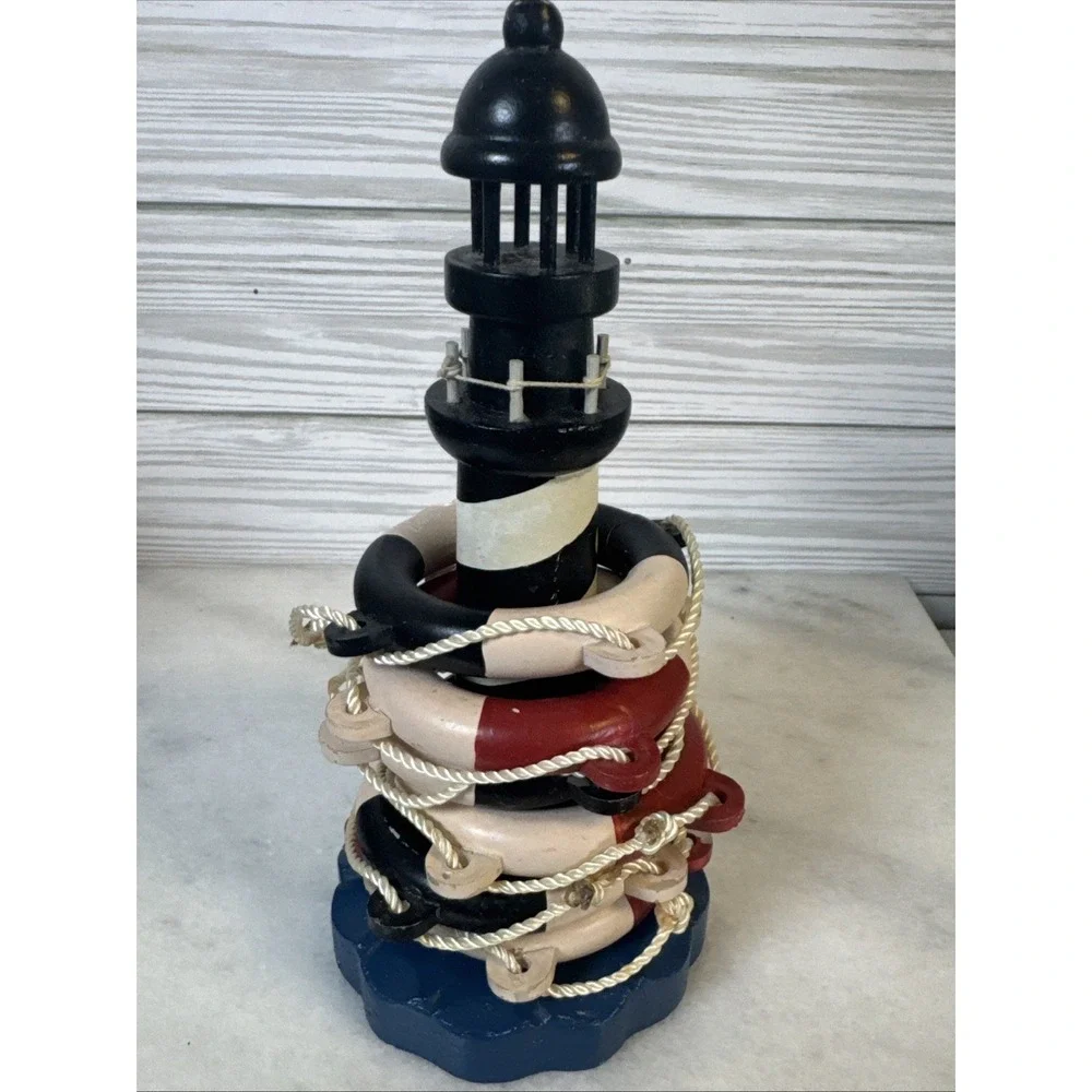 Vintage Sailaway Wood Lighthouse Caddy With 6 Napkins Rings